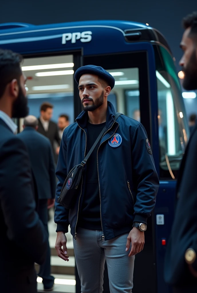 Visualize Young Muslim man with white skin, thick lips, athletic body, masculine energy and sexy, defined chin, trimmed, faded beard, short shaved hair on the sides with a fade and braids on the sides, colorful tattoo, wearing an elegant outfit with a navy blue wool beret, cazadora bomber de nailon azul marino con logo del psg, WHITE POLE, pantalón chino gris slim fit y bolso cruzado del psg, disembarking from a luxurious navy blue bus with the "psg". Inscription, VIP entrance in front of the Parc des Princes stadium, companions around. Global illumination at night, Lora style, Photoshoot, 8k