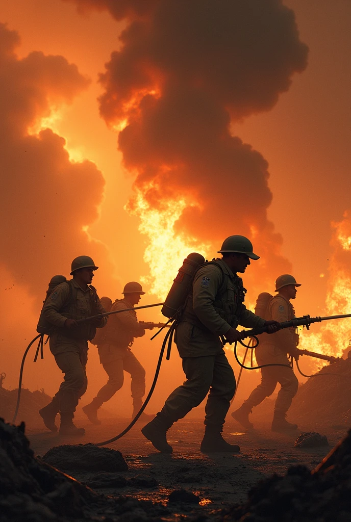 Draw Bolivian soldiers putting out fires in an epic way