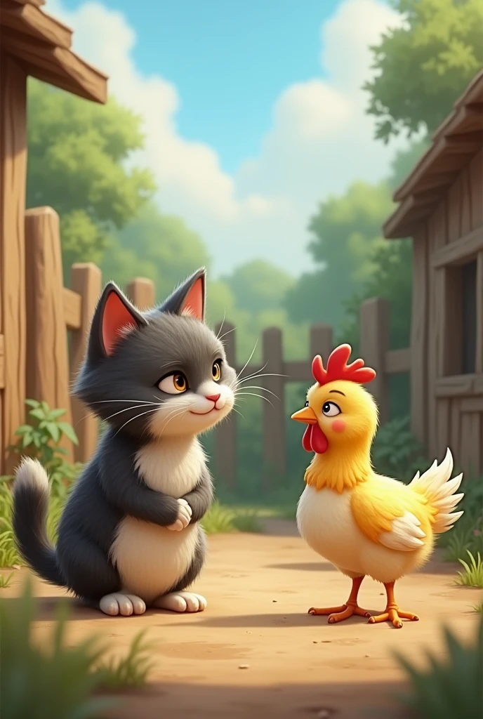 The cat talks to the little chicken.