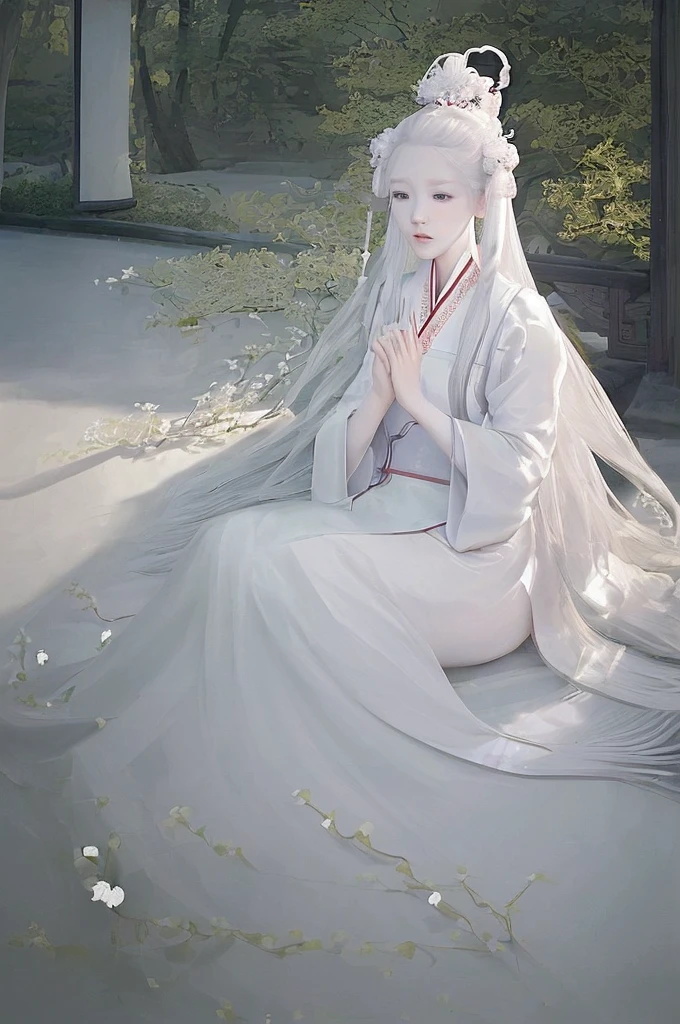 A woman in a white dress is sitting on the floor，White Hanfu，palace，Girl wearing Hanfu，Hanfu，Dressed in ancient Chinese costumes，Gurwitz，Ethereal Beauty，Guttweiz-style artwork，Beautiful fantasy queen，Chinese traditional clothing，Chinese clothing，Chinese traditional，Light milky white porcelain skin，Ordinary girl&#39;s bare feet and hands