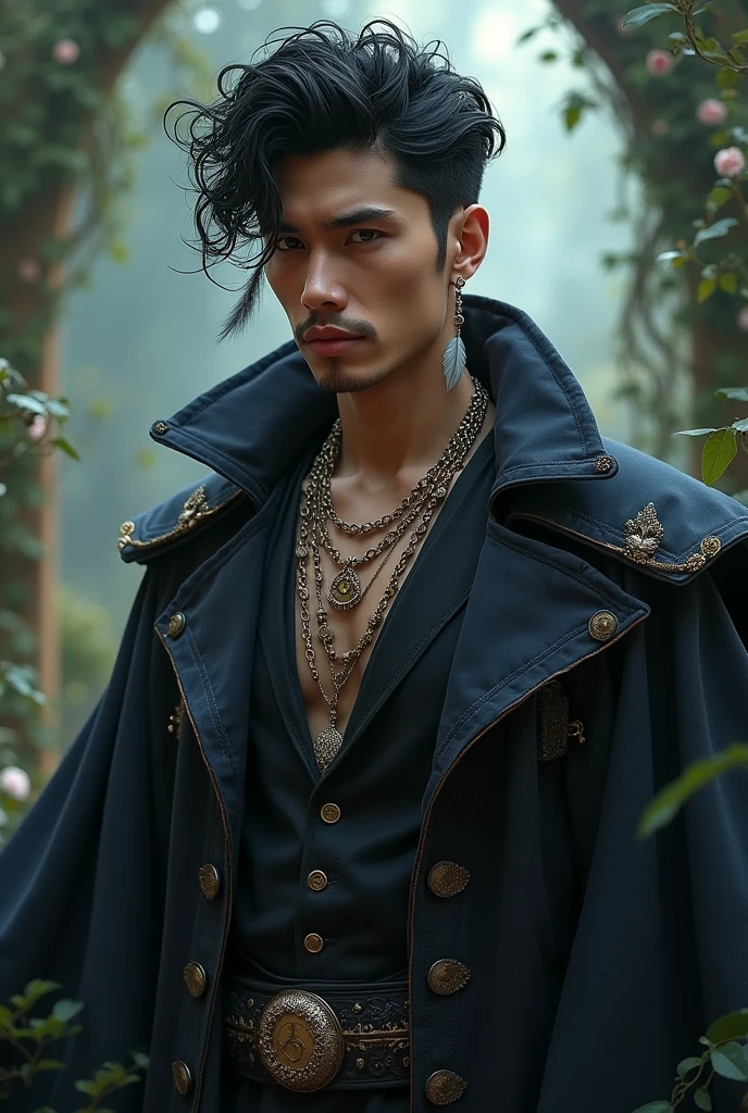A wizard with curly black hair,feather earrings on both ears,jewelry necklaces,handsome and well dressed