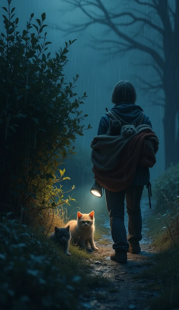 on a stormy night  A kind-hearted rescuer, with a flashlight, finds kittens On a stormy night kittens huddle together under the bush The rescuer scoops up the kittens and cradles them in a warm blanket)