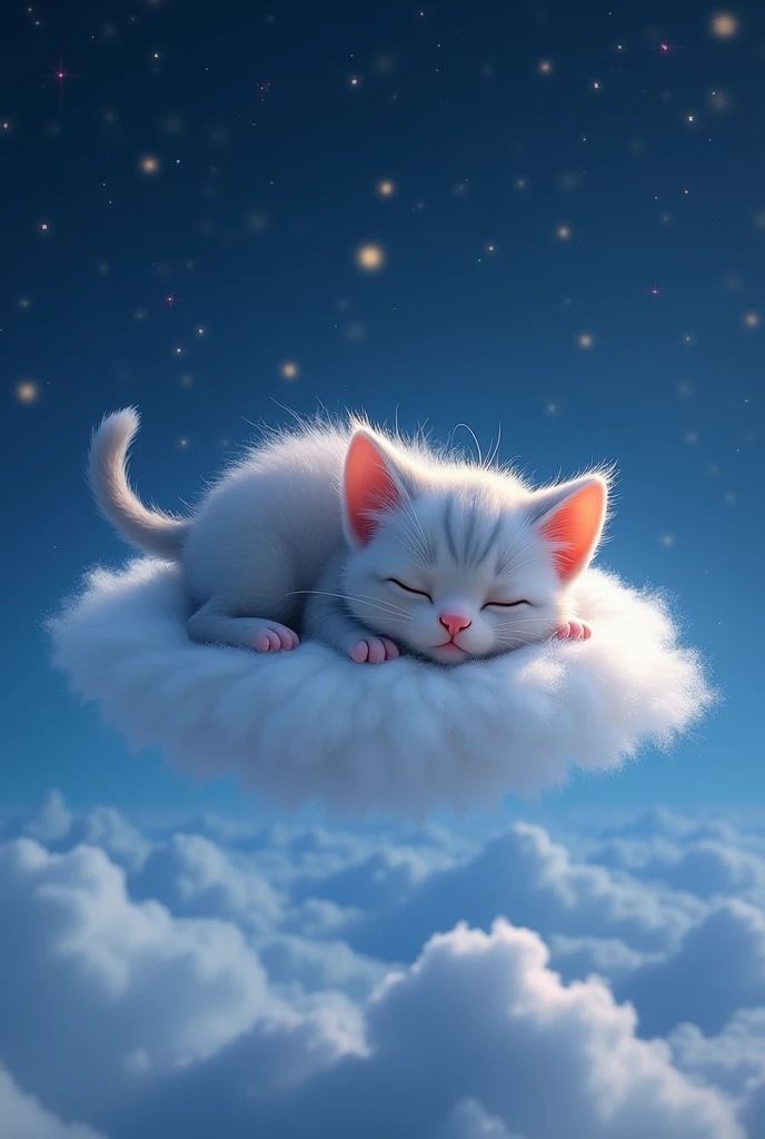 Cute Disney Pixar style light grey kitten sleeping on a cloud with eyes closed 15,000 meters above ground。The background is an image of a starry sky shining at night..。