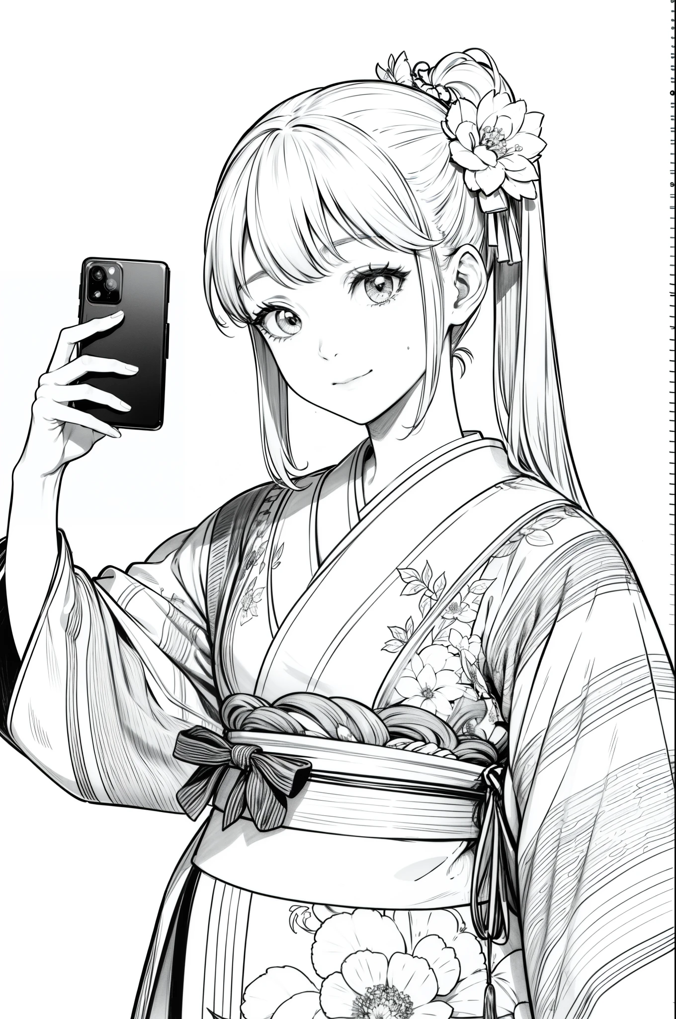 Masterpiece, top class, unique, cute, flower, line drawing background, white background, monochrome, line drawing, ((sketch)), creepy, white eyes, create a monochrome coloring book that even adults can easily do, a realistic and cute ukiyo-e of a girl wearing a kimono and smiling in front of St. Mary's Cathedral, Tokyo, taking a selfie with a rectangular smartphone in one hand, conveying Japanese culture.