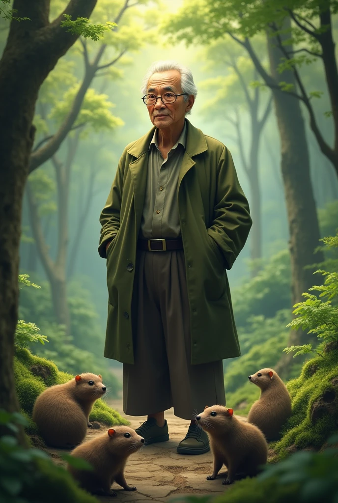 An old professor wearing glasses reflecting profound ancient wisdom, short hair, and Asian. He stood among the moles in the early morning forest.