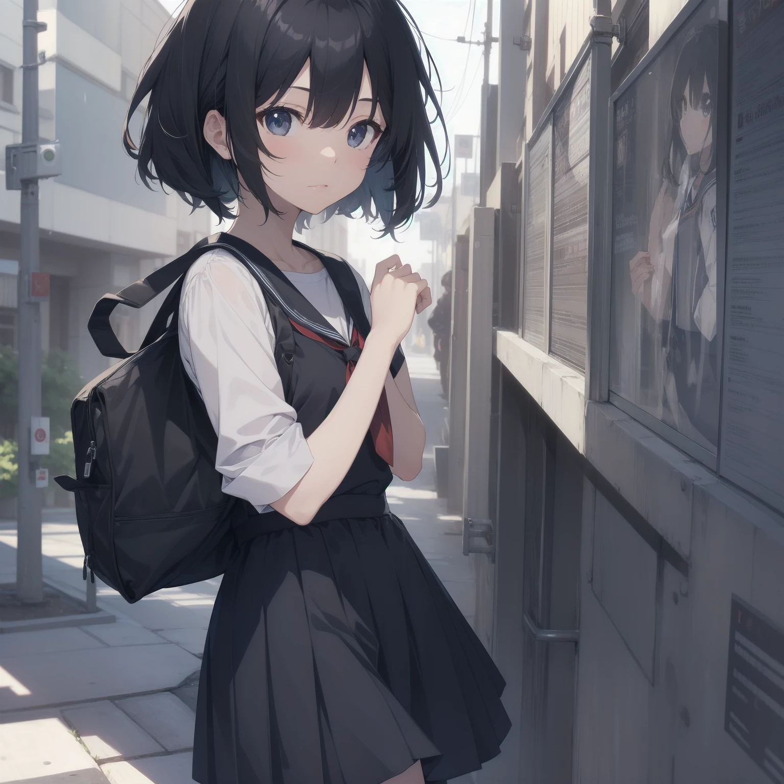 ultra-absurdres-Top quality by artist God, ultra-detailed, high resolution, anime moe artstyle, best anime 8k konachan wallpaper, pixiv contest winner, pool:2810, perfect anatomy,break, 1girl, (Please draw a girl walking sleepily to school alone. )break,(Solo,little female,15yo:1.3),Full limbs, ,a junior high school student, (very short hair), short cut, flat chest, , small butt, small black eyes, beautiful detailed eyes, well-proportioned iris and pupils, expressive eyes, highres detailed hair, soft expression, salor school_uniform, sailor collar, serahuku, bow, pleated skirt,(Detailed Lighting), (Detailed background), in the School commute route. break,super detailed skin, Best cinematic lighting powered by famous artist, 8k,beauty illustration,photoshop_(medium),very aesthetic,break,((artist:takeuchi_takashi )), artist:clamp ,artist:carnelian ,artist:kantoku ,
