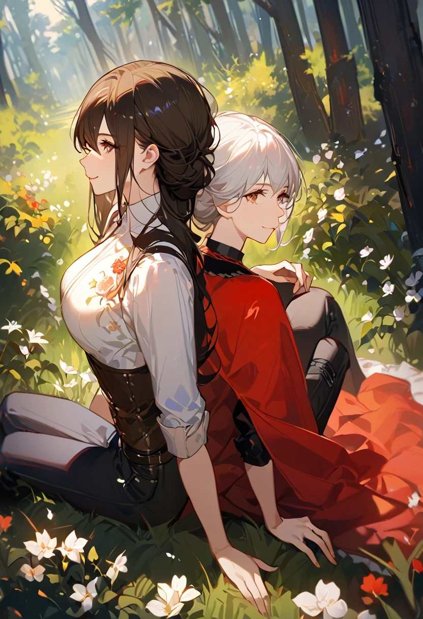 masterpiece, 2 female, back to back, backing each other, backing, dark brown hair, long hair, brown eyes, smiling gently, look away, white shirt, shirt by the shoulder, leather corset, black long pants, sitting, 1 female on the background, white long hair on the background, black clothes with red cape, face slightly facing up, flower field, forest background, camera pov from above slightly to the side, only showing black hair female face, white hair female on the back, 8k ,4k , best quality, high quality, masterpiece, embroidery  clothes, big chest, all kind of hairstyle, inspired by Asukaziye artist : ask, art style : ask