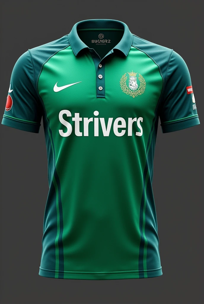 Create one cricket jersey with green and grey colour combination with strivers written with white font