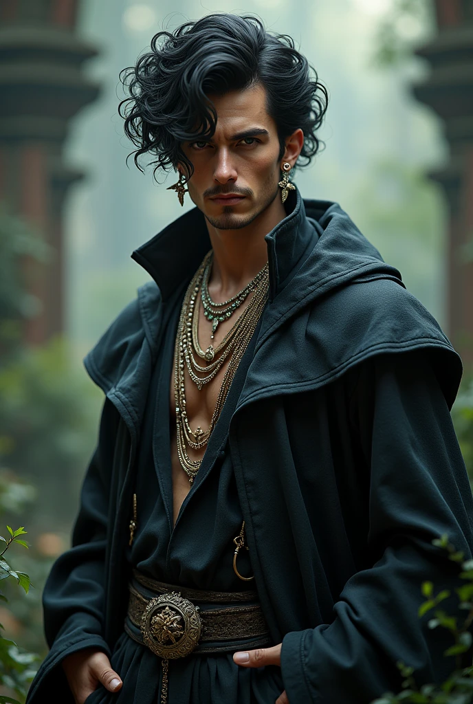 A wizard with curly black hair,feather earrings on both ears,jewelry necklaces,handsome and well dressed