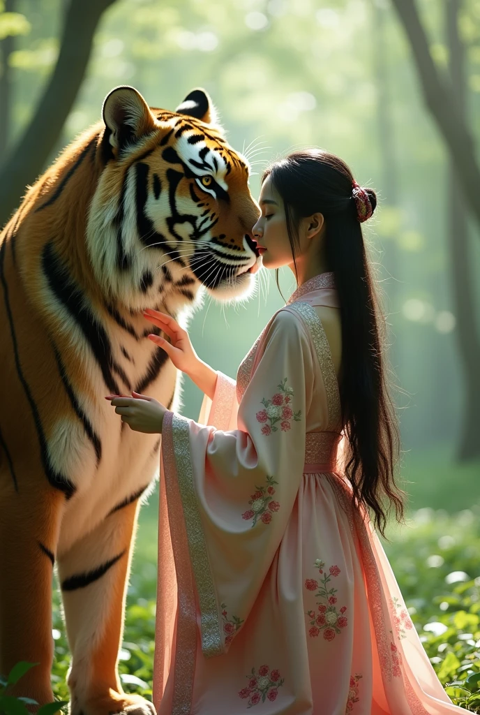 creates a realistic image, a beautiful Asian woman with long flowing hair wearing a long-sleeved Japanese dress with detailed images of yaezakura flowers in certain parts of each piece of the dress, the part of the dress looks complicated but very elegant, the dress is white with the top of the neck of the dress black and the cuffs are white with a mixture of colors, the dress is very complicated but cool, the bottom of the dress reaches the ground, the dress is charming with its beauty, so enchanting with real beauty, a super big tiger beside the woman, and the woman is stroking it with soft, very realistic, background of a peaceful forest in spring in Japan, realistic, cinematic, photographic