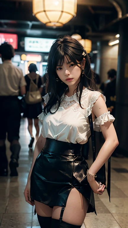 The lower body is very short, Low waist skirt,Attractive woman、The transparent white shirt on the upper body、It elegantly encapsulates her curves..,(Ultra low waist)、She stood、Looking seductively at the subway。、Bathed in the soft moonlight、The scene is、Mysterious and sexy touch.、Creates a fantastical dream-like atmosphere.。The light is filled with soft moonlight.、Casting soft reflections and shadows on her charming features。(Transparent white blouse、Black garter stockings with floral lace、Long legs)、Wear skirts that fit snugly around the hips、Low waist mini skirt、Black high heels、Big Breasts、Tight waist, Long legs、sweating、Three-dimensional facial features.、4k、8k、RAW Photos、Highest quality、(Long black hair、Head rope)、High resolution、High quality photos、Thoughtful expression、Melancholica、Defeated at bowling、Biting your lip、She is shy、(Wear a skirt with a slit、Waist open、Bare back、Tight black mini skirt、Gripper)、Facing the camera、((Thighs and genitals are fully visible))