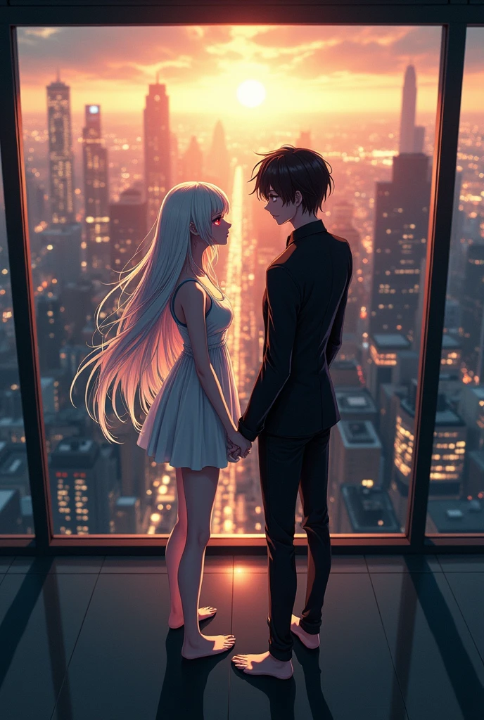 The image is anime style cowboy bebop and Darker than black with shadows and dim lights, anime style although somewhat adult and dark, It shows a single 26-year-old albino woman., white hair and red eyes, and very long hair, She wears a short white dress and bare feet. She is holding the hand of a 2 man with black hair and black eyes., who wears black clothes. They are both in a room that has glass walls from which you can see the daytime image of a large city illuminated by sunlight.. They both look at the front of the image. it is day, in the morning, It&#39;s 11 o&#39;clock:00 am. They both look at the front of the image. They are looking towards the front of the image, They don&#39;t turn their backs