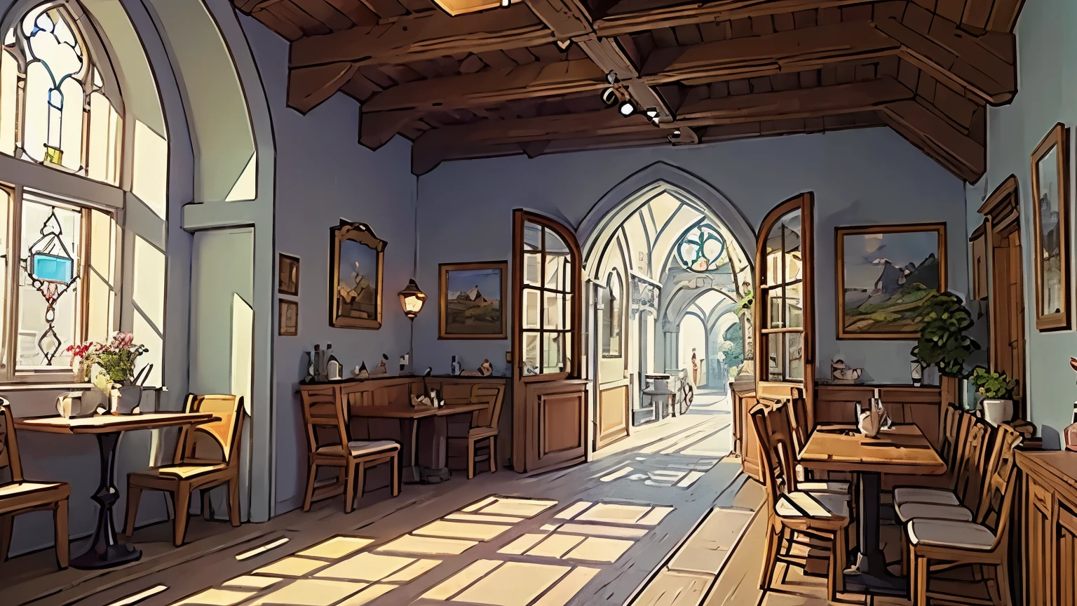 a beautiful fantasy ghibli-style illustration, a seaside town with a dreamy, whimsical cafe, intricate detailed architecture, warm afternoon sunlight, cobblestone streets, stained glass windows, lush foliage, a cozy and inviting atmosphere, vibrant colors, soft pastel tones, diffuse lighting, a sense of wonder and imagination, highly detailed, masterpiece, 8k, photorealistic