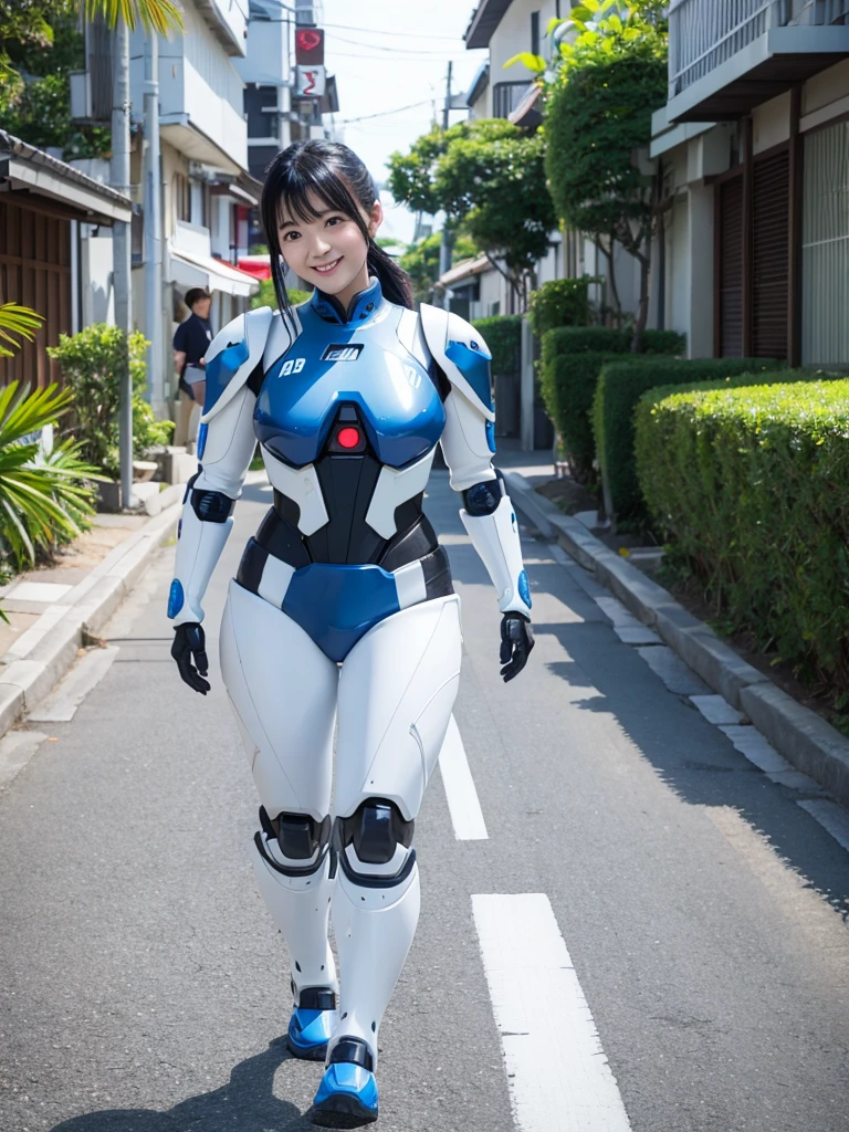 Japanese female android,Black Hair,White and blue robot suit,Plump,Walking down a tropical street in midsummer,Close-up,smile,