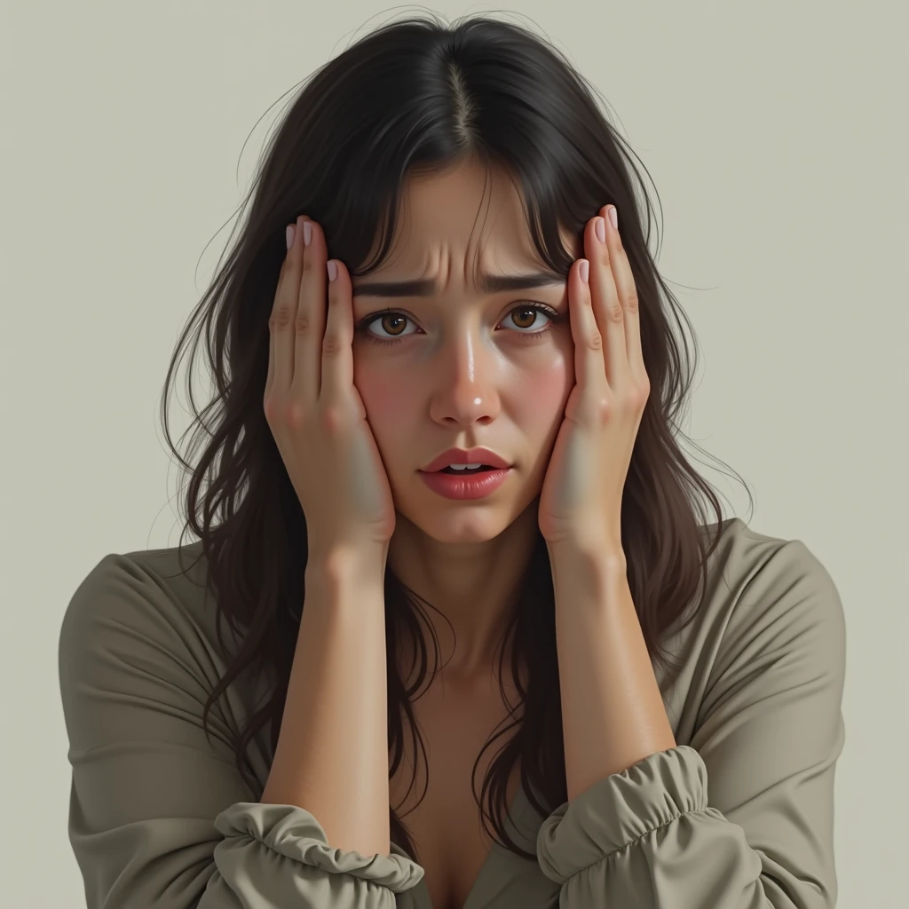A woman holding her head in worry、masterpiece, High resolution,