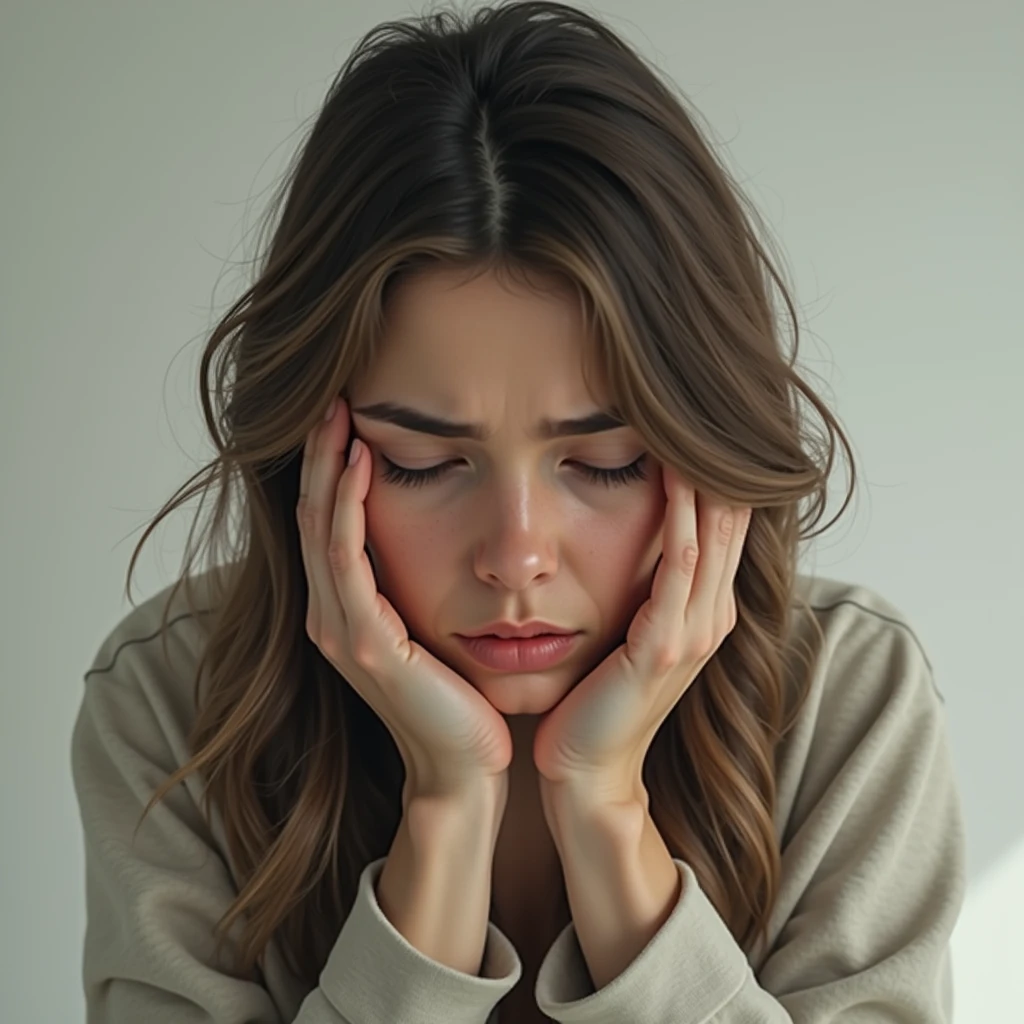 A woman holding her head in worry、masterpiece, High resolution,