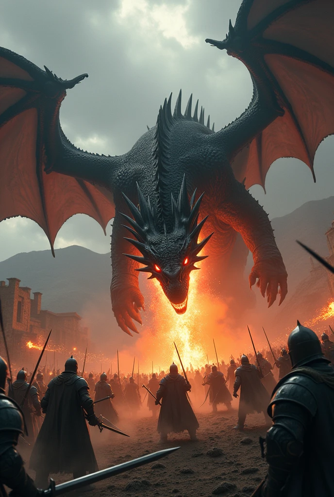 A fire-breathing majestic black  dragon fighting an army of medieval knights.