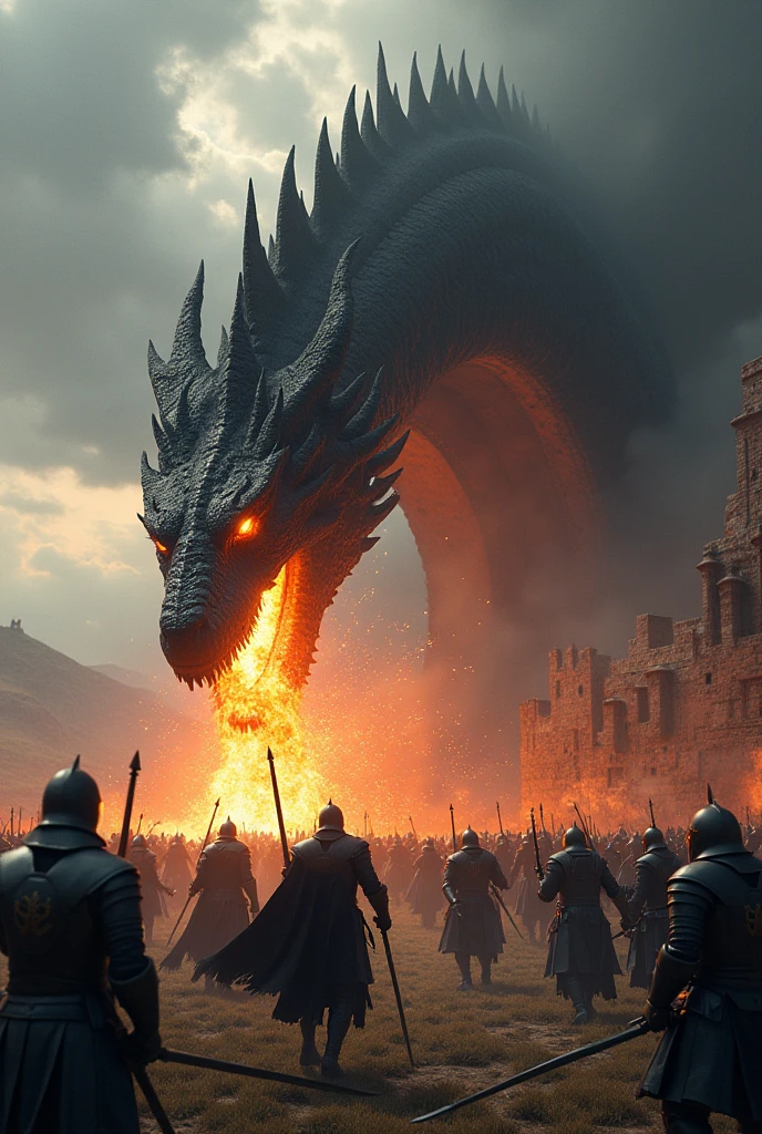 A fire-breathing majestic black dragon fighting an army of medieval knights.