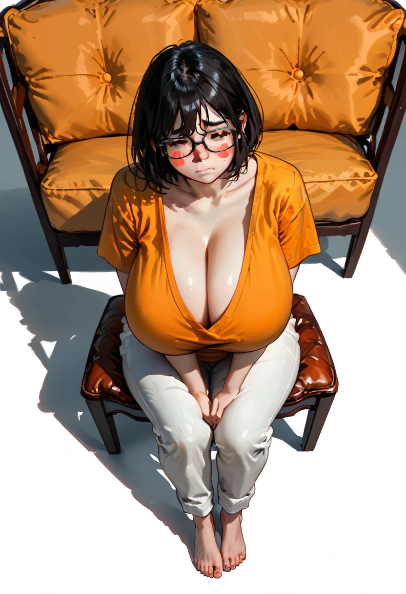 dynamic angle, Full body, solo, alone, a very cute girl, , black bob cuts, Glasses, (shy:1.3), (blush stickers), (barefoot, closed mouth), (gigantic breasts, between legs:1.3), cleavage, (Orange T-shirt, white pants), View from above, Sitting in the bedroom, wariza, Sunset, parfect lighting, (masterpiece), (Best Quality), (ultra-detailliert) ,