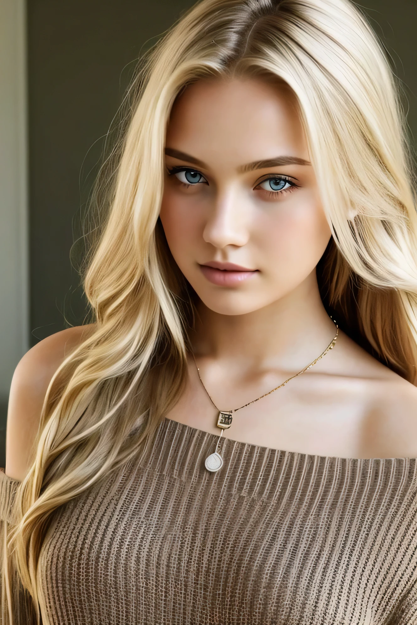 1girl in, age19, Solo, Long hair, Colossal , Looking at Viewer, blondehair, Bare shoulders, Brown eyes, jewely, Full body, a necklace, off shoulders, Sweaters, Realistic, A sexy