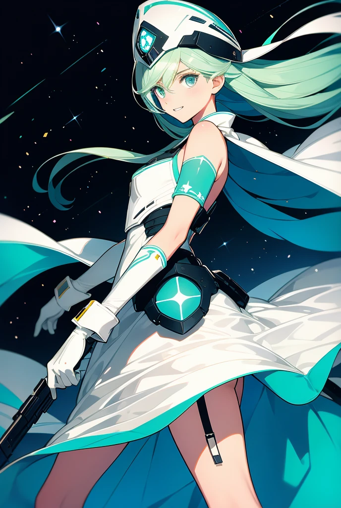 bondrewd wearing a blue peaked cap with light color green hair, 1girl, long hair, gloves, green eyes, white gloves, blue military dress uniform, pelvic_curtain, very long hair, white hair green color inner, uniform, solo, mature female, perfect body, beautiful background, (night sky, stars, comets), ultra detailed, detailed eyes, vibrant colors, many pose, detailed face, charming smile, no emblem on hat, white garter straps, both hands holding clone trooper helmet 