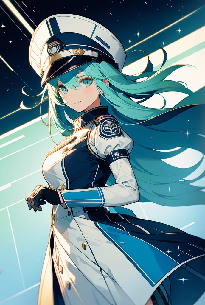 bondrewd wearing a blue peaked cap with light color green hair, 1girl, long hair, gloves, green eyes, white gloves, blue military dress uniform, pelvic_curtain, very long hair, white hair green color inner, uniform, solo, mature female, perfect body, beautiful background, (night sky, stars, comets), ultra detailed, detailed eyes, vibrant colors, many pose, detailed face, charming smile, no emblem on hat, white garter straps, both hands holding clone trooper helmet