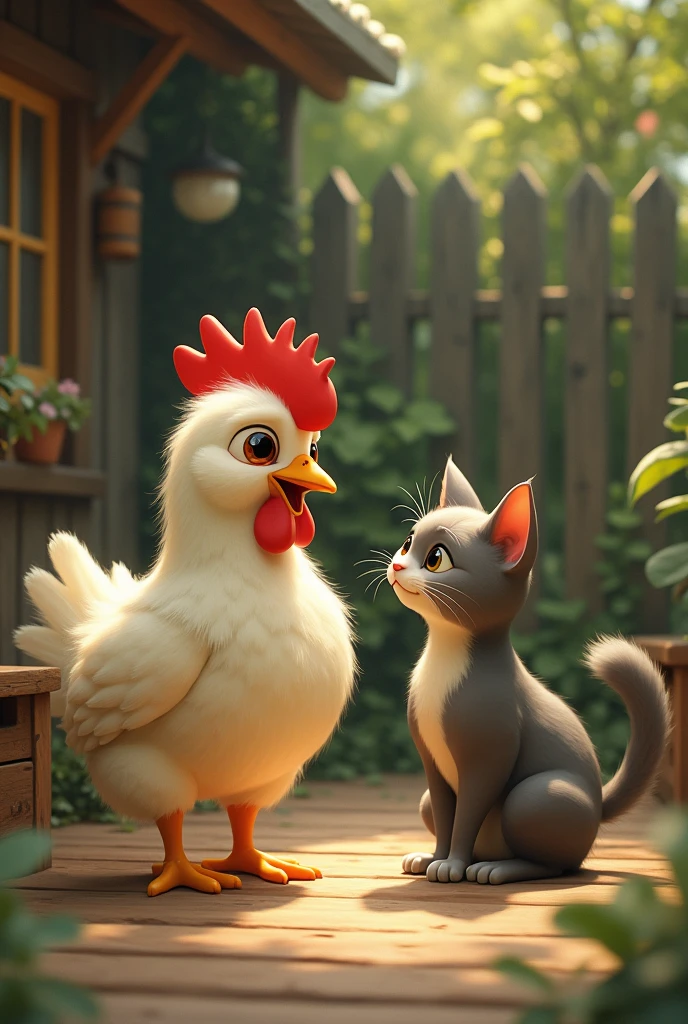 A little chicken talks to a cat.