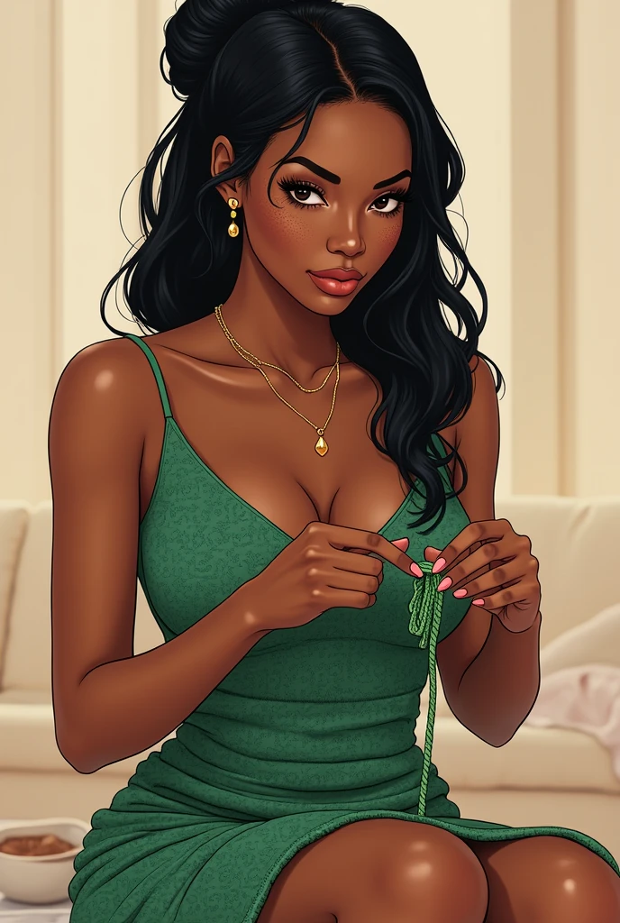 An avatar in drawing for Instagram of a black woman with straight hair and completely tied to the side and big eyes and a little pulled with freckles on her face and with thick lips., medium breasts, wearing a green crochet dress that goes down to her knees, sitting and crocheting.
