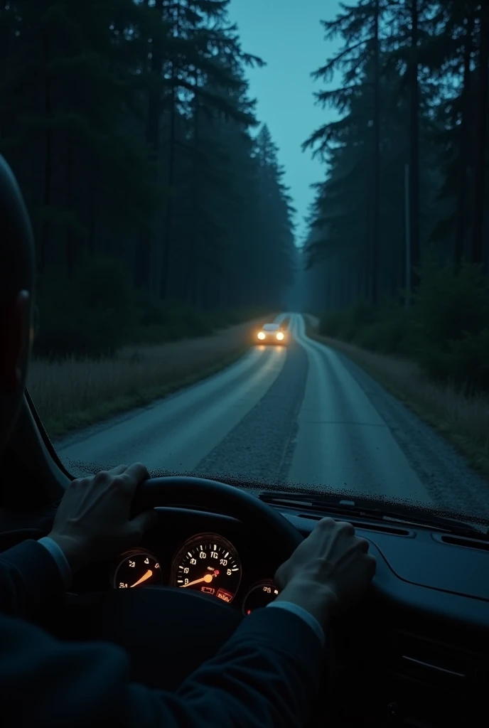 Narration/Visual: The protagonist expresses their anxiety about driving at night and the urgency to take the old country road.Image Prompt: A dark, deserted country road at night, lined with dense trees. The road is narrow, with the car's headlights barely illuminating the path ahead.