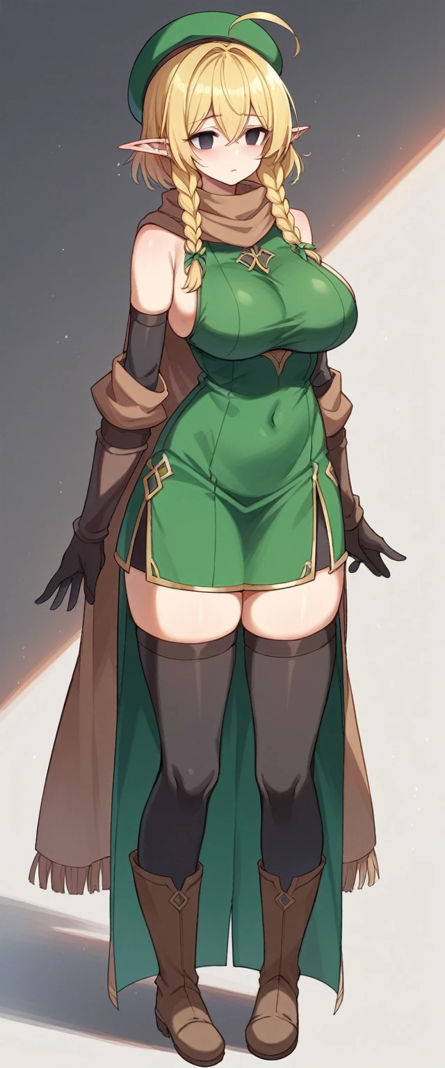 Elf、1 female、women only、short hair、twin braids、ahoge、blonde、(thin)、Big Breasts、Tall、empty eyes、black eye、Black elbow gloves、((black thigh highs))、Small black beret、Brown scarf、Green dress、Brown boots、((full body))、whole body、Are standing、thin太もも、shoulder、belly button、isekai、fantasy、front