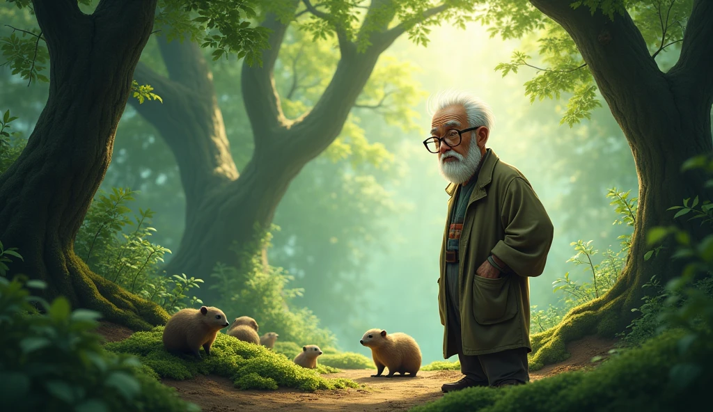 An old professor wearing glasses reflecting profound ancient wisdom, short hair, and Asian. He stood among the moles in the early morning forest.