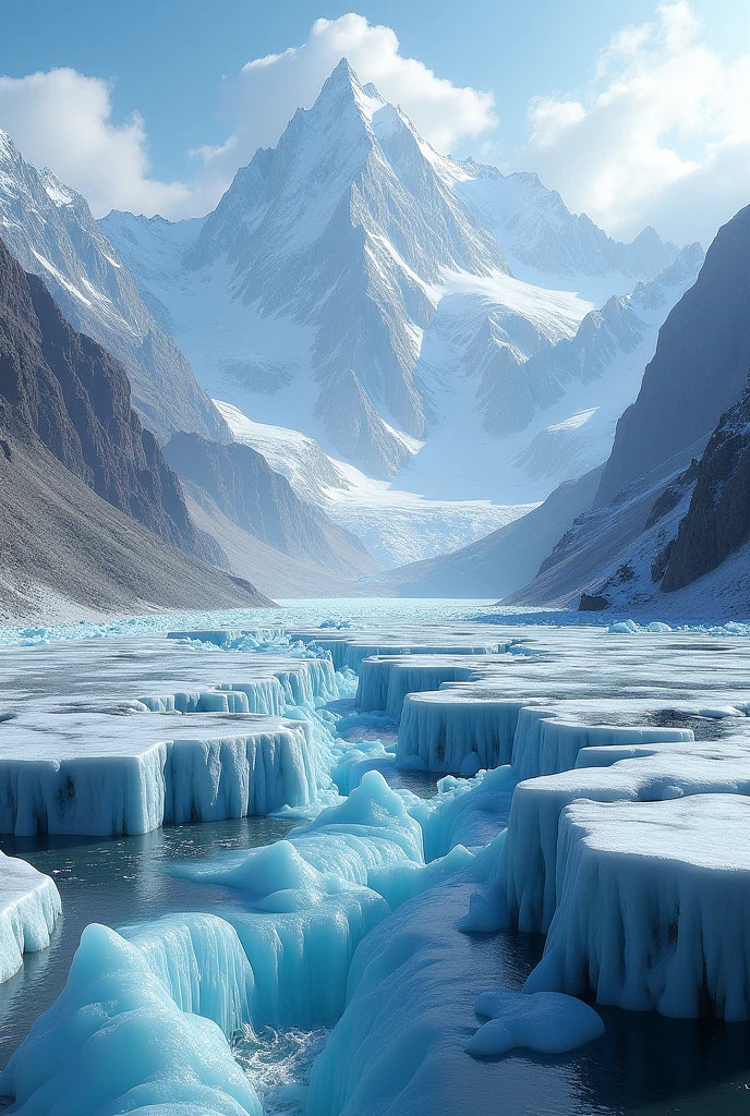 Generate an image showing a high-altitude scene from the Guliya Glacier on the Tibetan Plateau, with towering snow-covered mountains in the background. Highlight the idea of melting glaciers, with water flowing from the ice, emphasizing that around three-quarters are previously unknown. The overall atmosphere should convey both the beauty of the Himalayan landscape and the scientific discovery of ancient life forms.