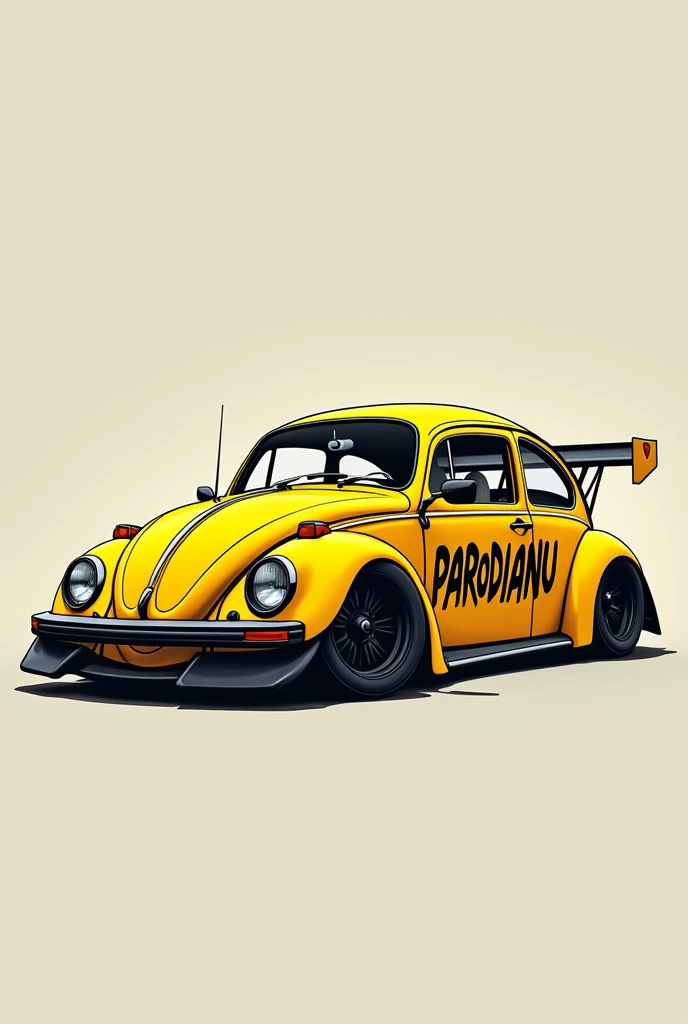 Illustration of a turbocharged yellow Beetle with the letters PARODIANU