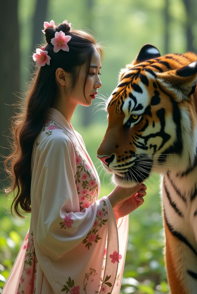 creates a realistic image, a beautiful Asian woman with long flowing hair wearing a long-sleeved Japanese dress with detailed images of yaezakura flowers in certain parts of each piece of the dress, the part of the dress looks complicated but very elegant, the dress is white with the top of the neck of the dress black and the cuffs are white with a mixture of colors, the dress is very complicated but cool, the bottom of the dress reaches the ground, the dress is charming with its beauty, so enchanting with real beauty, a super big tiger beside the woman, and the woman is stroking it with soft, very realistic, background of a peaceful forest in spring in Japan, realistic, cinematic, photographic