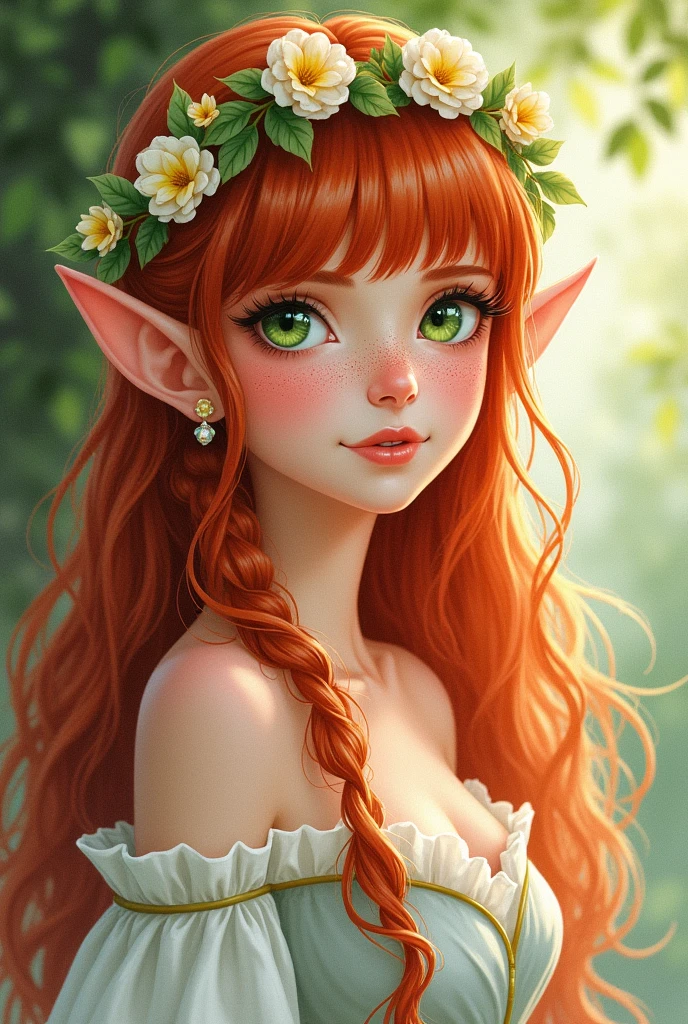 (watercolor: 1.2), elf princess, flower crown, freckles, bangs, redhead, long flowing hair, piercing green eyes, hair between eyes, flower earrings, blurred nature background, high resolution, detailed facial features, elegant dress, graceful posture, fantasy art