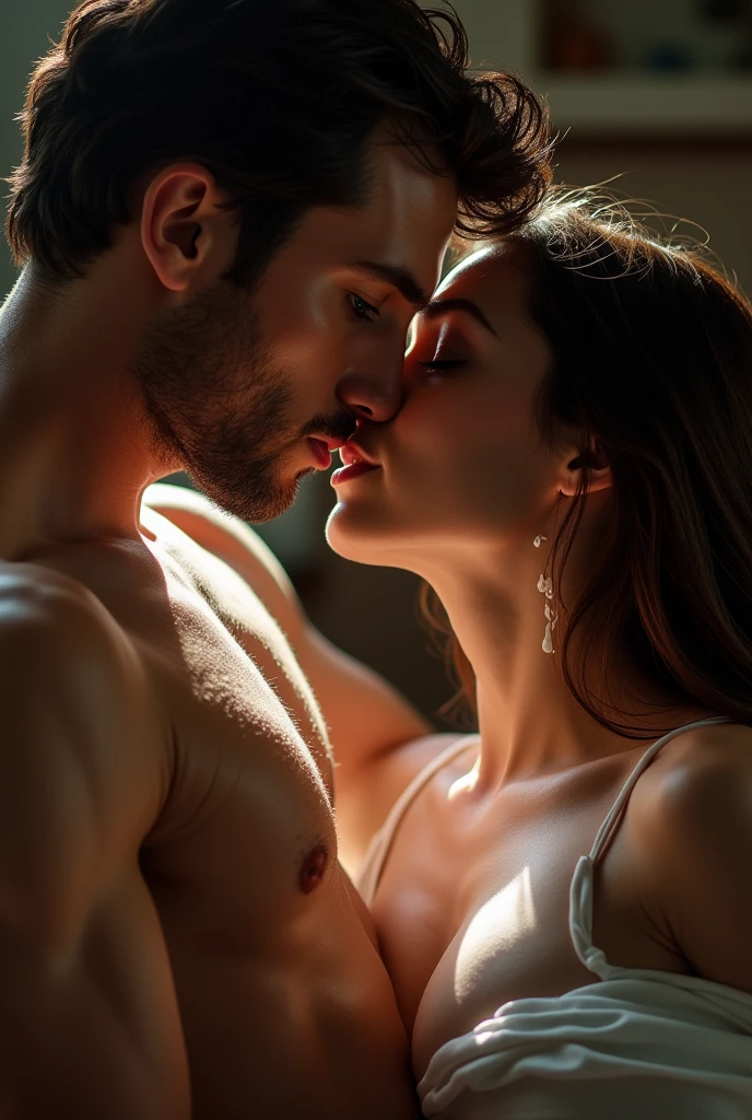 Blue eyed handsome man with muscular body sucking breast, milk from brest flowing