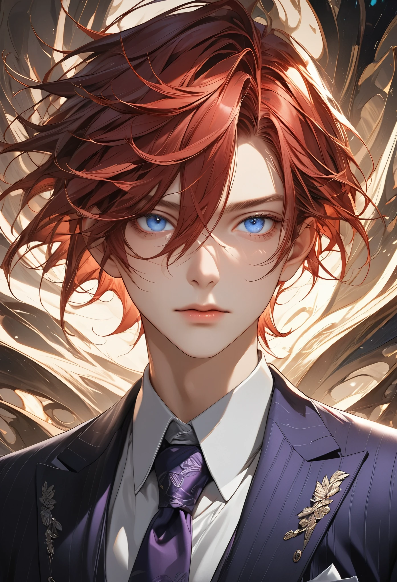 The image is a highly detailed, ultrarealistic manga-style portrait of a androgynous young man with an serene and enigmatic appearance. He has shoulder-length, wavy, and smooth red hair that frames his face with an almost windswept look. His striking blue eyes are sharp and captivating, adding to his mysterious aura. He is dressed in a formal attire that features subtle yet elegant detailing, now rendered in a rich tone of purple with gentle hues and shadows that enhance the depth of the fabric. The suit is complemented by a neutral-colored tie that blends seamlessly with the overall ensemble. The background is dark, providing a stark contrast that draws attention to the young man and accentuates the dramatic lighting, which carefully illuminates the contours of his face and attire. The overall composition combines the meticulous detail typical of ultrarealism with the stylistic flair of comic book, resulting in a captivating and visually striking portrait. fashion photo