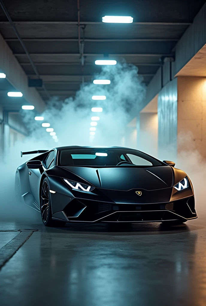 A Lamborghini in luxury parking in shooroom and fog at night