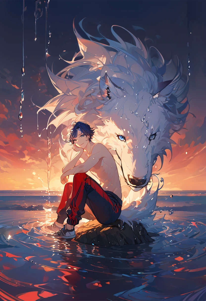 solo, ((male with short dark blue hair with red strip hair and dark blue hair with red gradient), (bare chest), (topless), (muscle), ( jogger pants), (wet), (dripping wet body and hair), (water dripping), (sitting), (one hand rest on the knee), (big white wolf resting on the back)), (bangs), (blue eyes with red gradient), (pale skin), (smirk), ((high quality)), (extremely detailed),8k, 4k, clean line art, detailed line art, resting on the big wolf, white big wolf, simple background, water background, dark background, not bulky, no top clothes, inspired by Asukaziye artist : ask, art style : ask