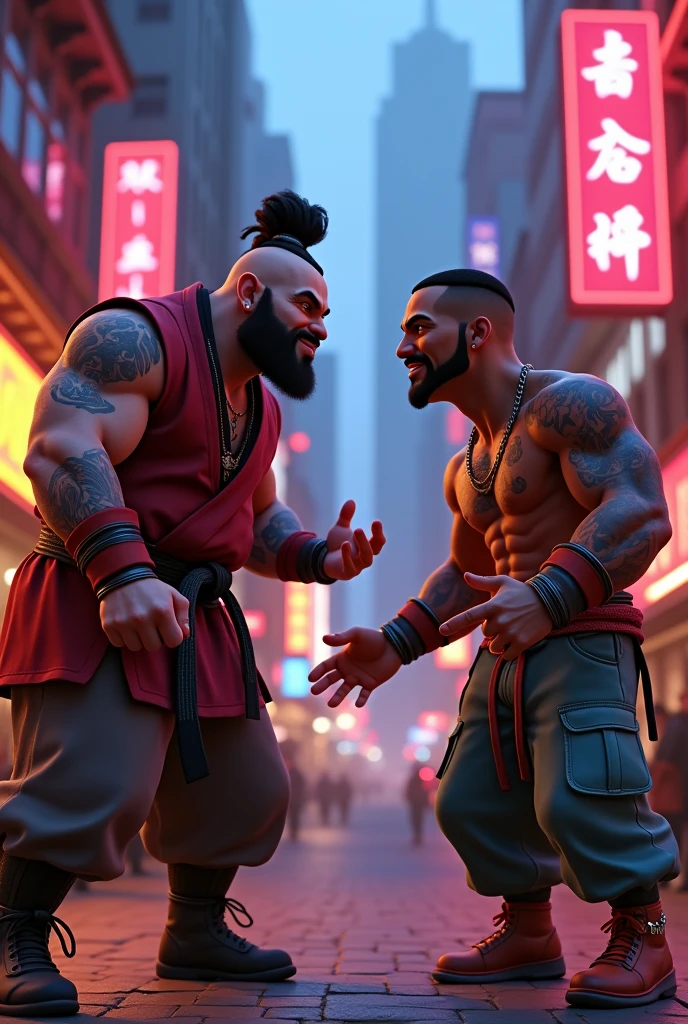 Create Shaolin Mafia represented by a person rapping with another rapper Disney Pixar style