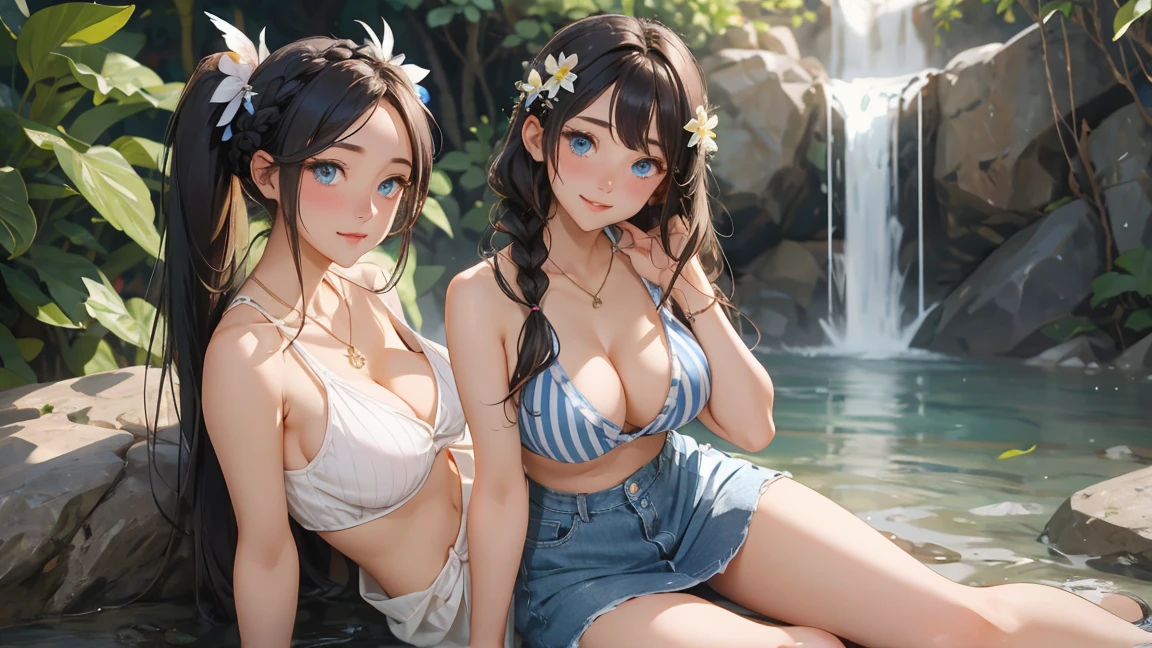 ( 3 women),  smile、Look into the camera、diamond necklace、braided hair, Wear a jeans skirt..,Striped tank top：1.2. Revealing the upper arm、Extra long twin tail feathers、Flower Hair Ornaments、 Masterpiece, Highest quality, 8ก, beautiful girl, young face、 photography, Cute face, thigh,(Sitting at the waterfall),、smile、small waist, blue eyes(((The chest is erect....)))(((round chest)))(((big breasts:1.2)))