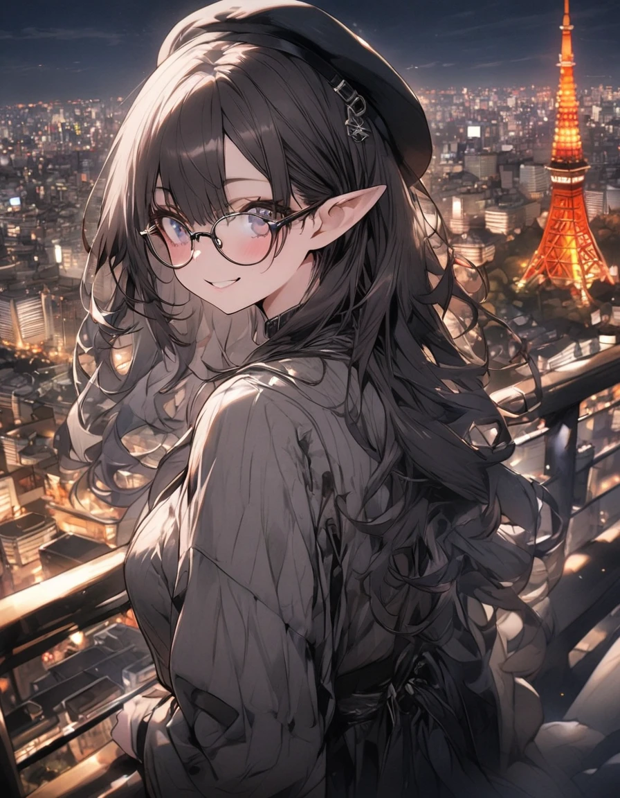 masterpiece、1 girl elf, long hair white, eyes blue (((brown tone on tone clothes))), (beret), glasses, smile, Tokyo city background, city of Tokyo, Night, ((tokyo tower))