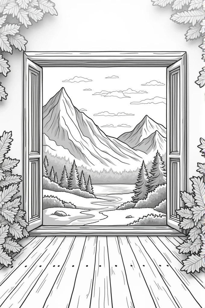 Make a comic strip:
Show a beautiful mountain landscape
Show the landscape on a phone camera
The show it framed inside a house
Make the art colorless like a coloring book