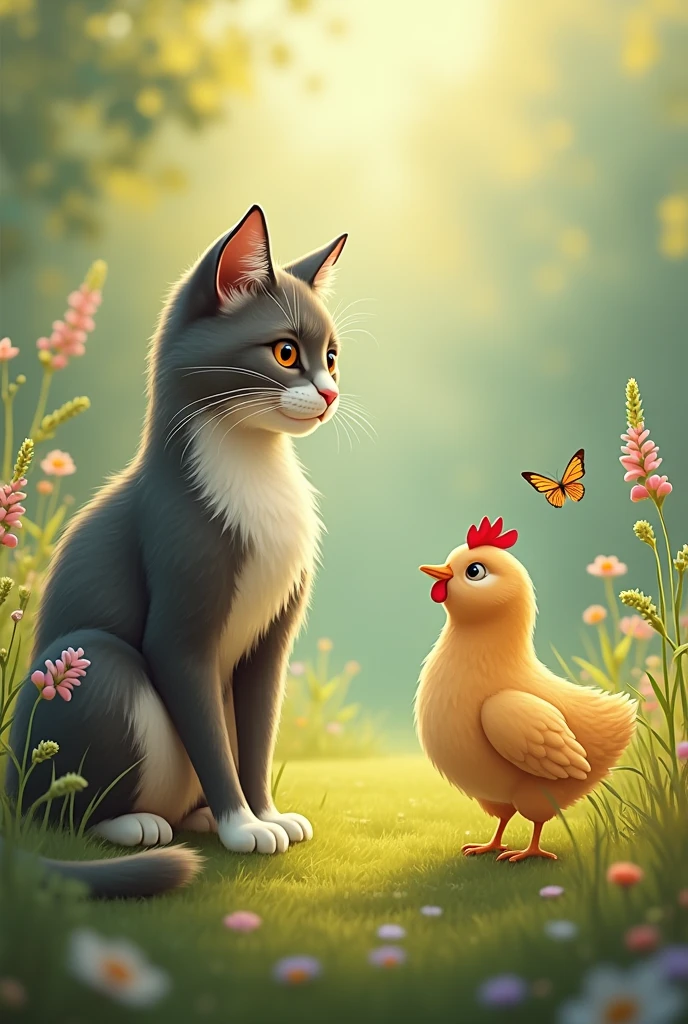 Cat talks to little chicken
