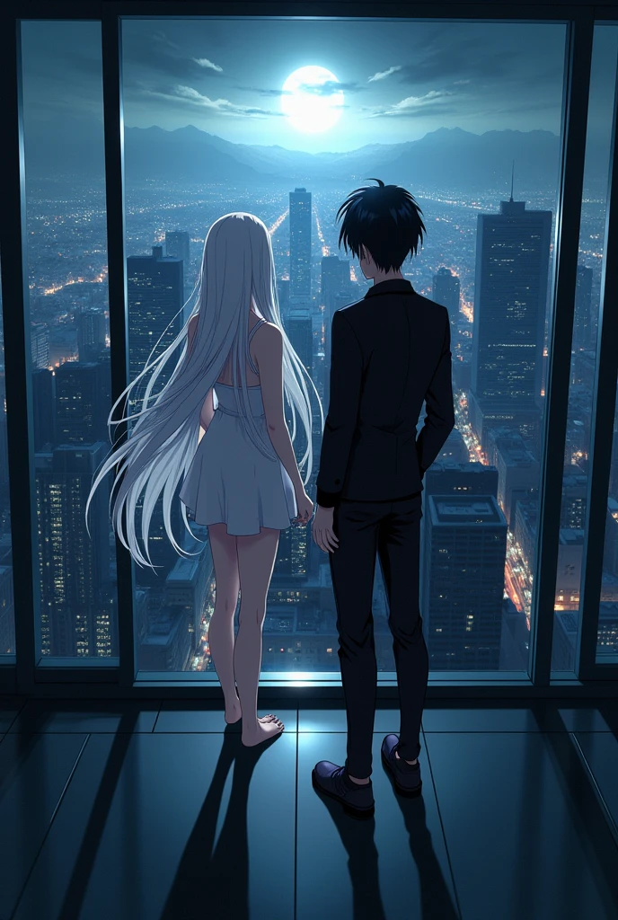 The image is anime style cowboy bebop and Darker than black with shadows and dim lights, anime style although somewhat adult and dark, It shows a single 26-year-old albino woman., white hair and red eyes, and very long hair, She wears a short white dress and bare feet. She is holding the hand of a 2 man with black hair and black eyes., who wears black clothes and shoes. They are both in a room that has glass walls from which you can see the daytime image of a large city illuminated by sunlight.. They both look at the front of the image. it is day, in the morning, It's 11 o'clock:00 am. They both look at the front of the image. They are looking towards the front of the image, They don't turn their backs