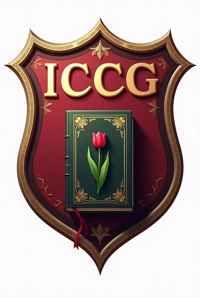 Create a Shield logo with upercase text " i c c g " and a bible with one tulip