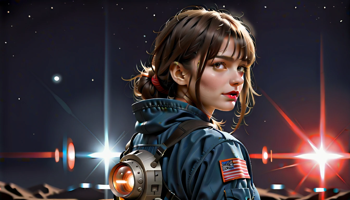 High-quality realistic acrylic art, VIVID COLORS, back point a view, a beautiful vintage european woman with brown straight hair, bangs, looking at the viewer with suspicious face and a shy smile, red lips, she wears sci-fi silver and blue metalic space suit, hands in the waist, dramatic blue red lights, in deep space with a partial planet in orbit