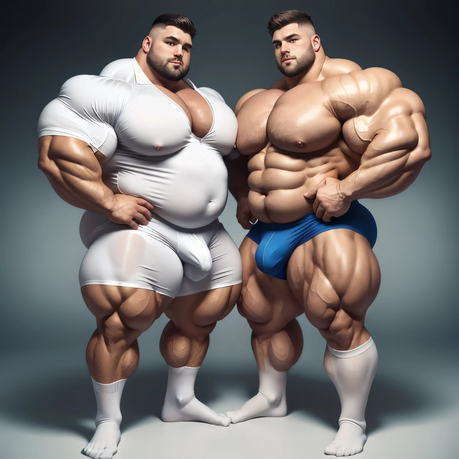 HQ photo, detailed faces, full body view, two shirtless beerbellied over-muscular bloated white european heavyweights males with undercut clean haircuts, lycra jumpsuits, in white pro sheer socks , overfed like obese gorets, over-muscular and fatly obese, posing flexing over-inflated triple-biceps . their pecs and bulges are touching. Their socks must be seen
