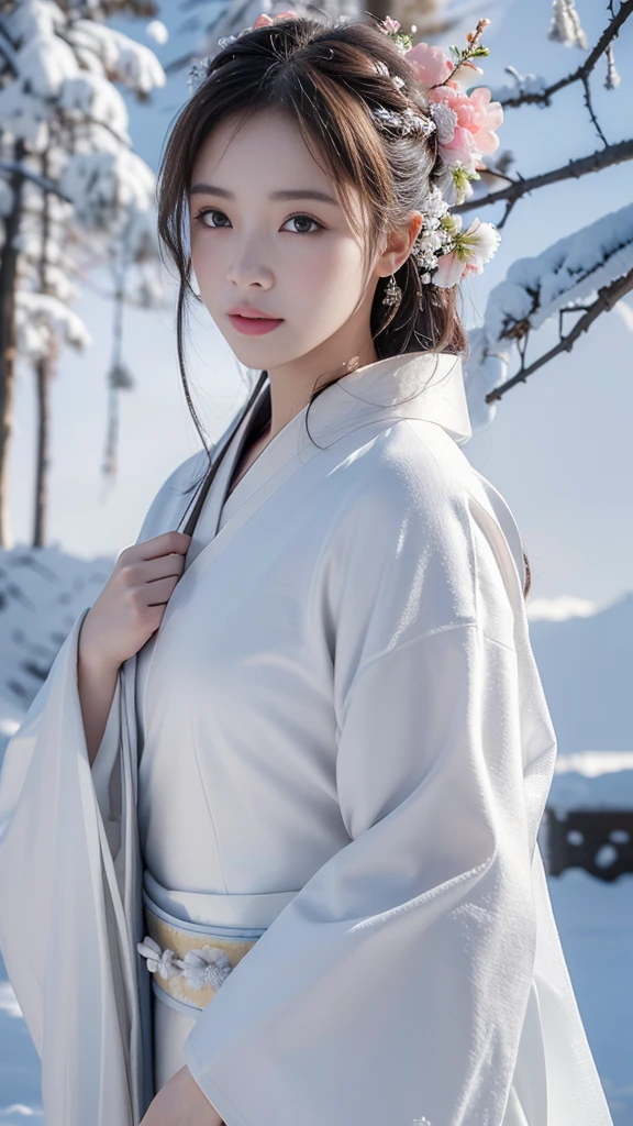 with high definition images (8k、RAW Photos、Highest quality、masterpiece:1.2) The World of Rime Trees (Real、Photorealistic:1.37) 1 Beauty、Facial details、Professional Lighting、Kimono Beauty、Snow Scene、Impressive nature、Kimono Beauty with long traditional floral pattern、snowy mountain background
