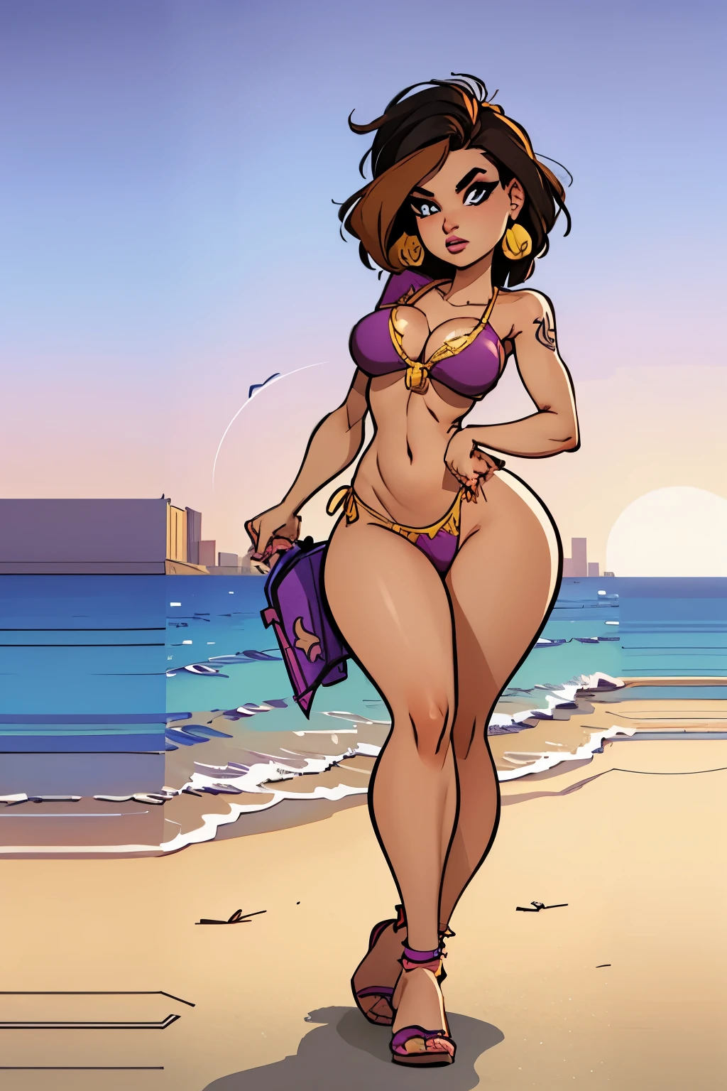 Create an image of a stylized female cartoon character in summer outfit, inspired by the style of a video game like GTA. The figure should appear dynamic and self-confident, with an urban background and a summery atmosphere.“ you can also make her brunette with fully tattooed arms and create her in a bikini in different poses